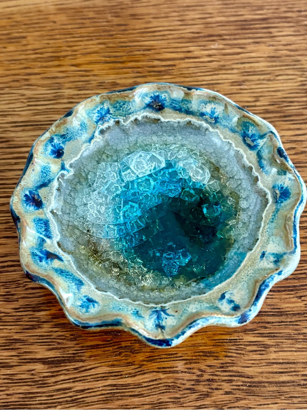 Handmade Turquoise Blue Ceramic Bowl with Cracked Glass Center